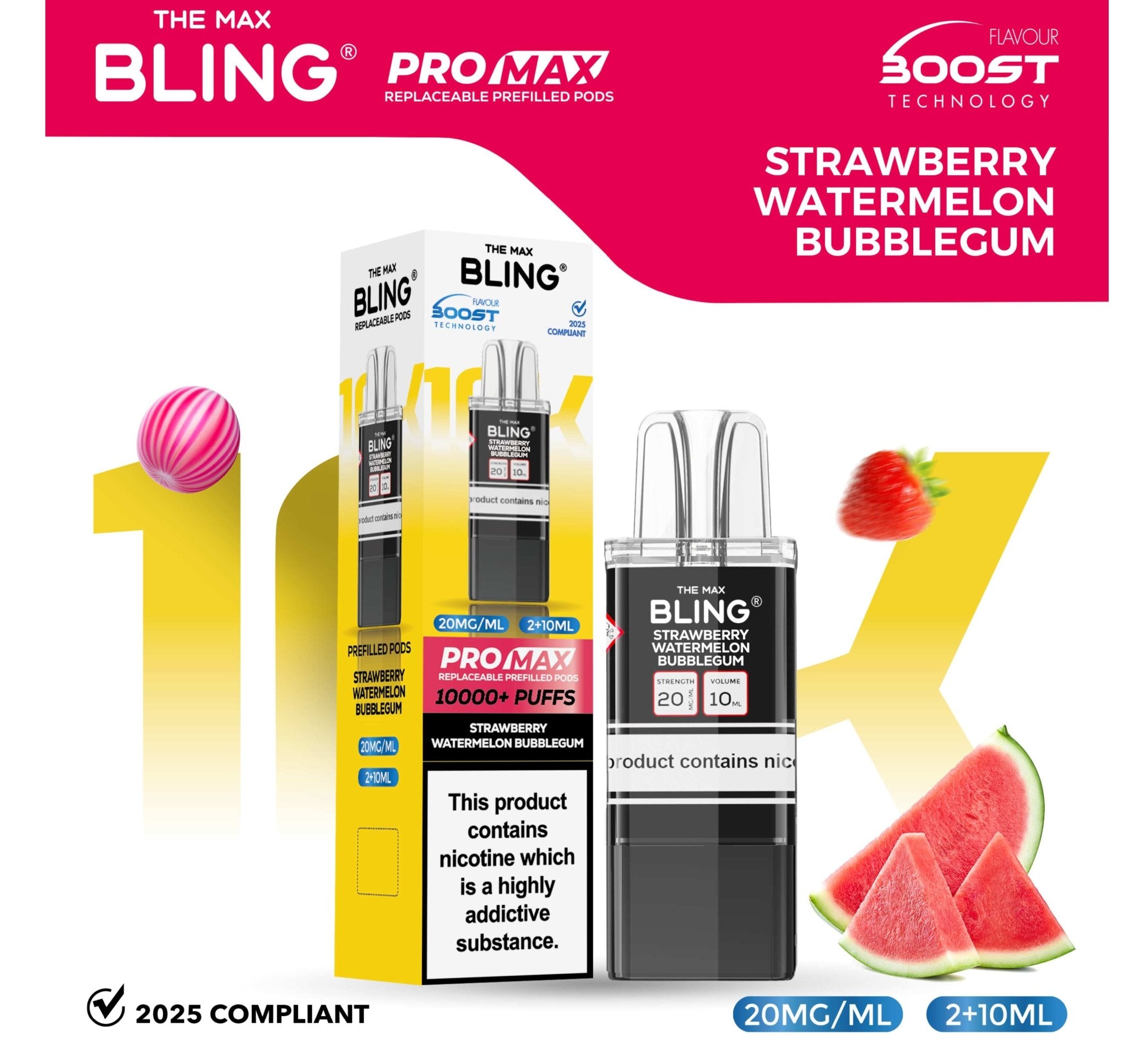 The Bling 10k Pro Max Replacement Pods (BOX OF 5) Strawberry Watermelon Bubble Gum