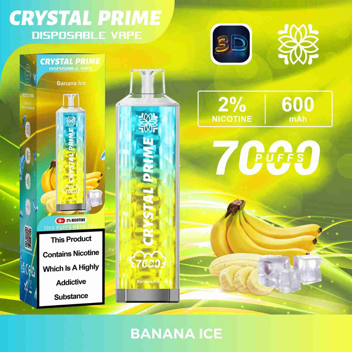 Crystal Prime 7000 Disposable Vape Box of 10 with Banana Ice flavour