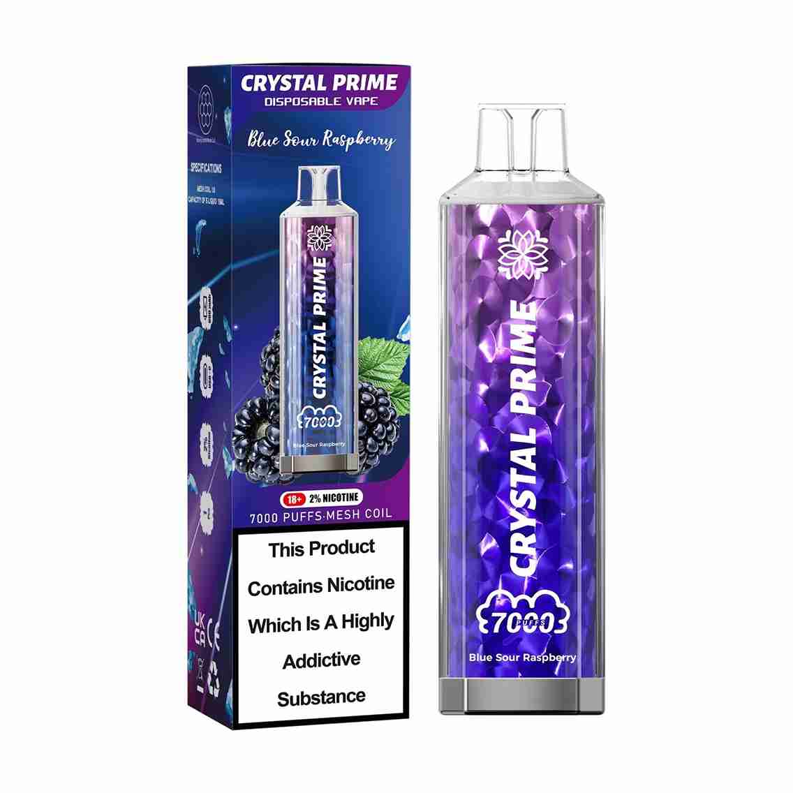 Crystal Prime 7000 Disposable Vape Box of 10 with Blue Sour raspberry flavour