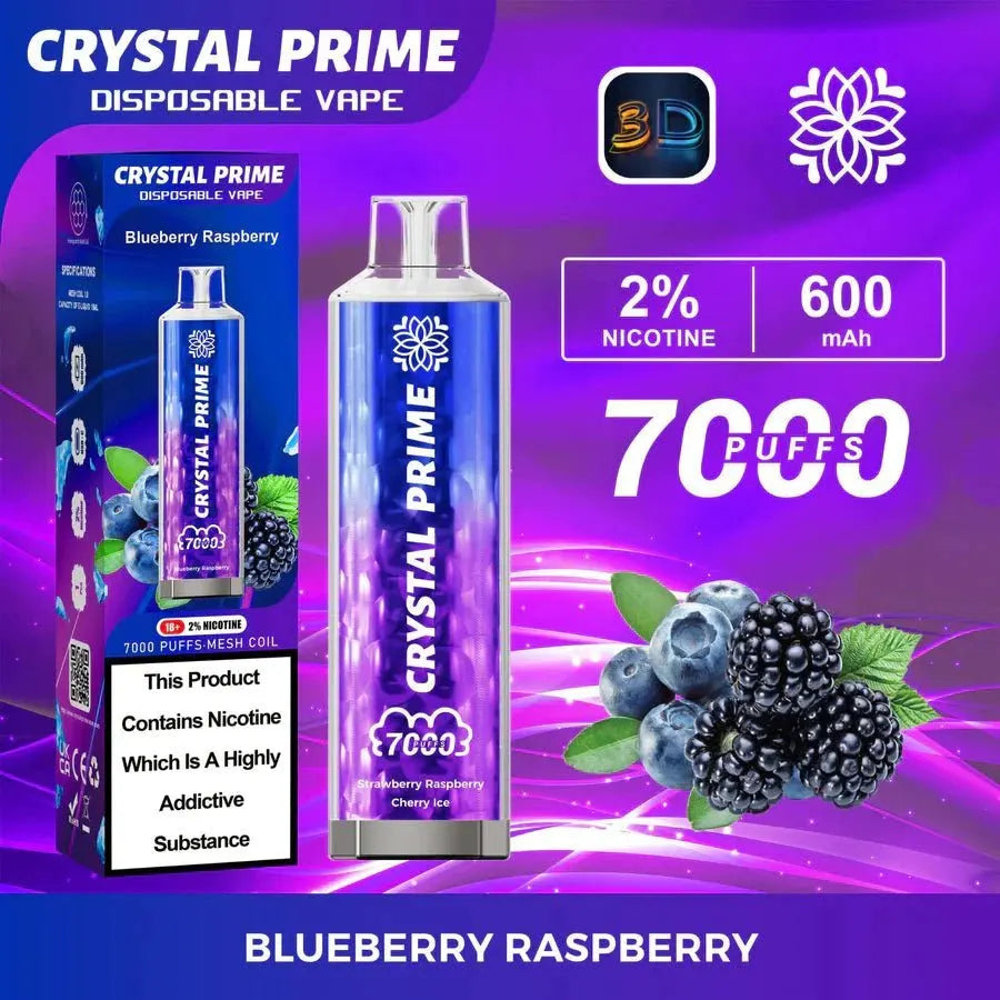 Crystal Prime 7000 Disposable Vape Box of 10 with Blueberry Raspberry flavour