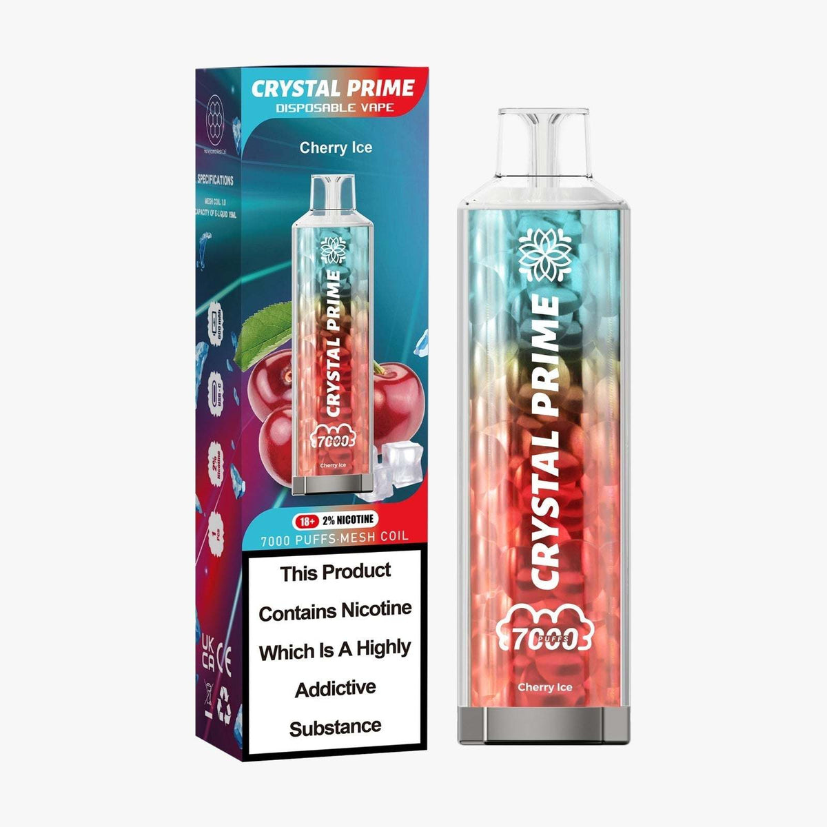 Crystal Prime 7000 Disposable Vape Box of 10 with Cherry ice flavour