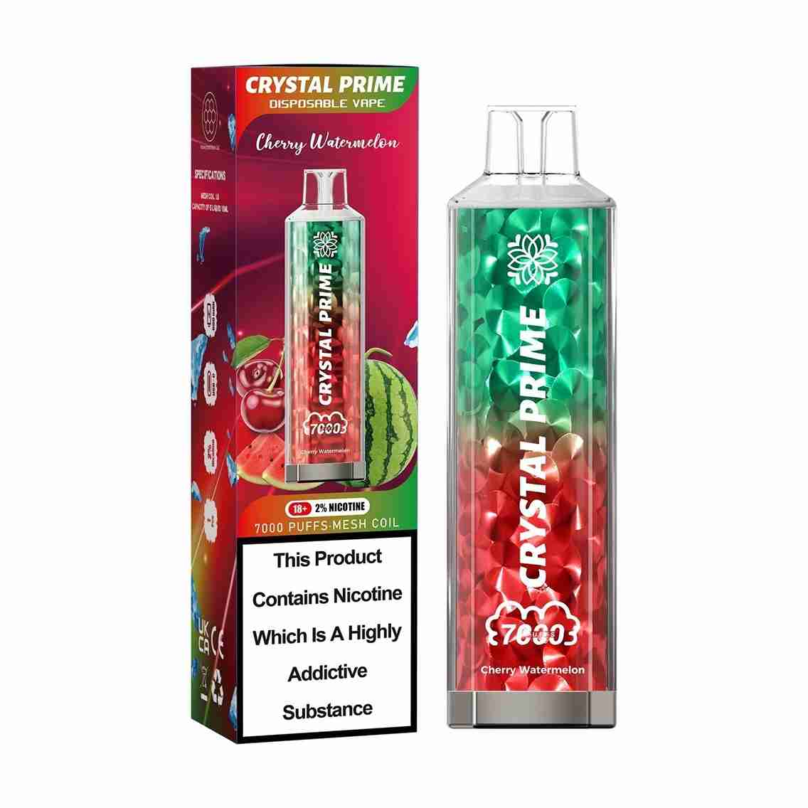 Crystal Prime 7000 Disposable Vape Box of 10 with cherry Watermelon flavour