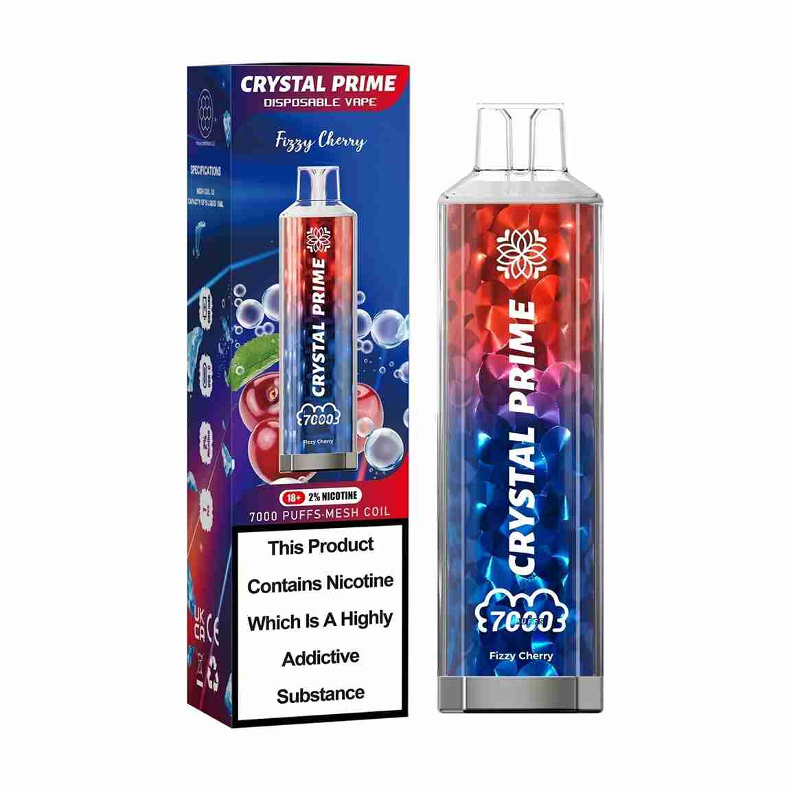 Crystal Prime 7000 Disposable Vape Box of 10 with Fizzy Cherry flavour