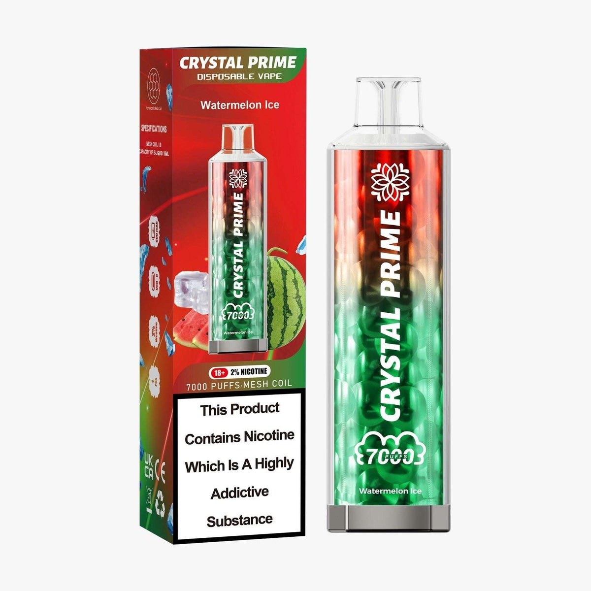 Crystal Prime 7000 Disposable Vape Box of 10 with Watermelon Ice flavour