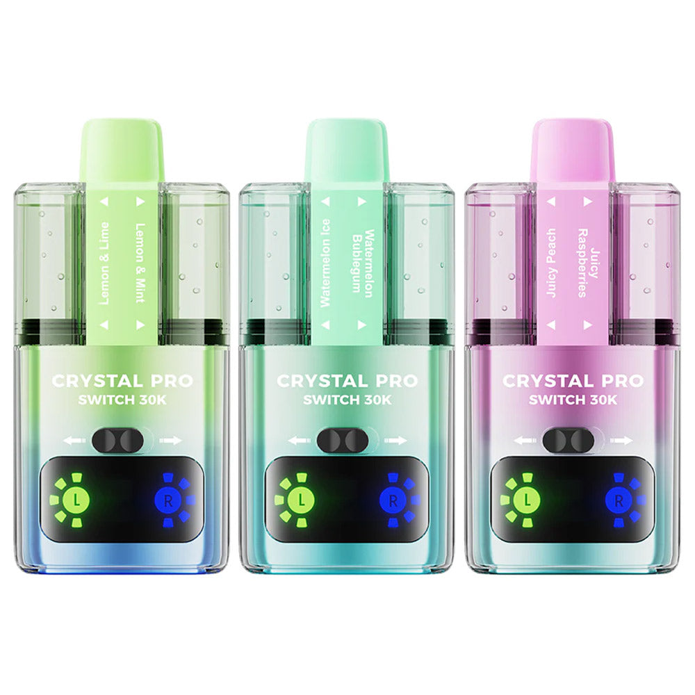 Crystal Pro Switch 30K Puffs Prefilled Pod Kit Box of 5, Lemon & Lime, Lemon & Mint, Watermelon Ice, Watermelon Bubble Gum, Juicy Peach, and Juicy Raspberry Flavours