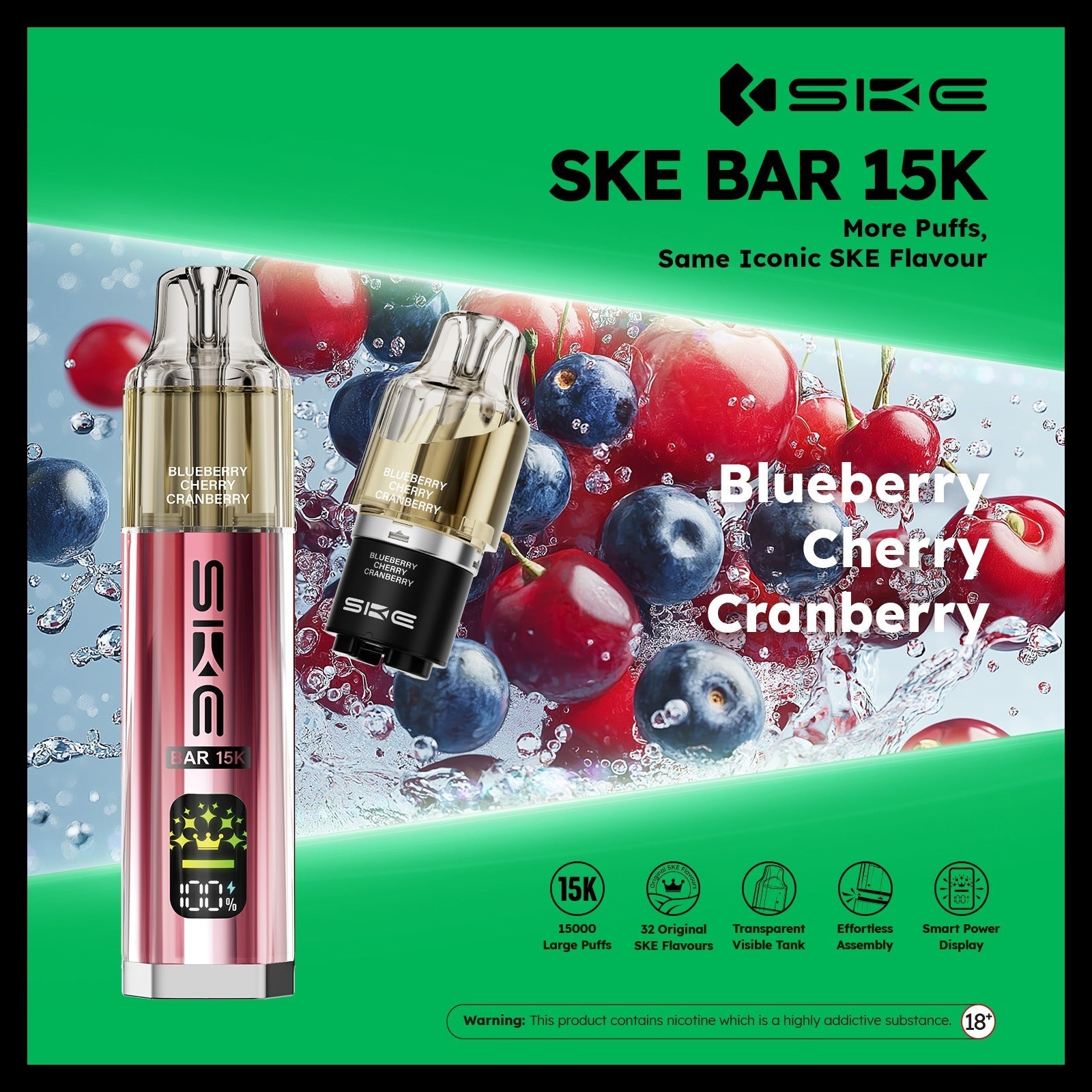 Ske Bar 15k Prefilled Pod Vape Kit - Pack of 5 Blueberry Cherry Cranberry *New*