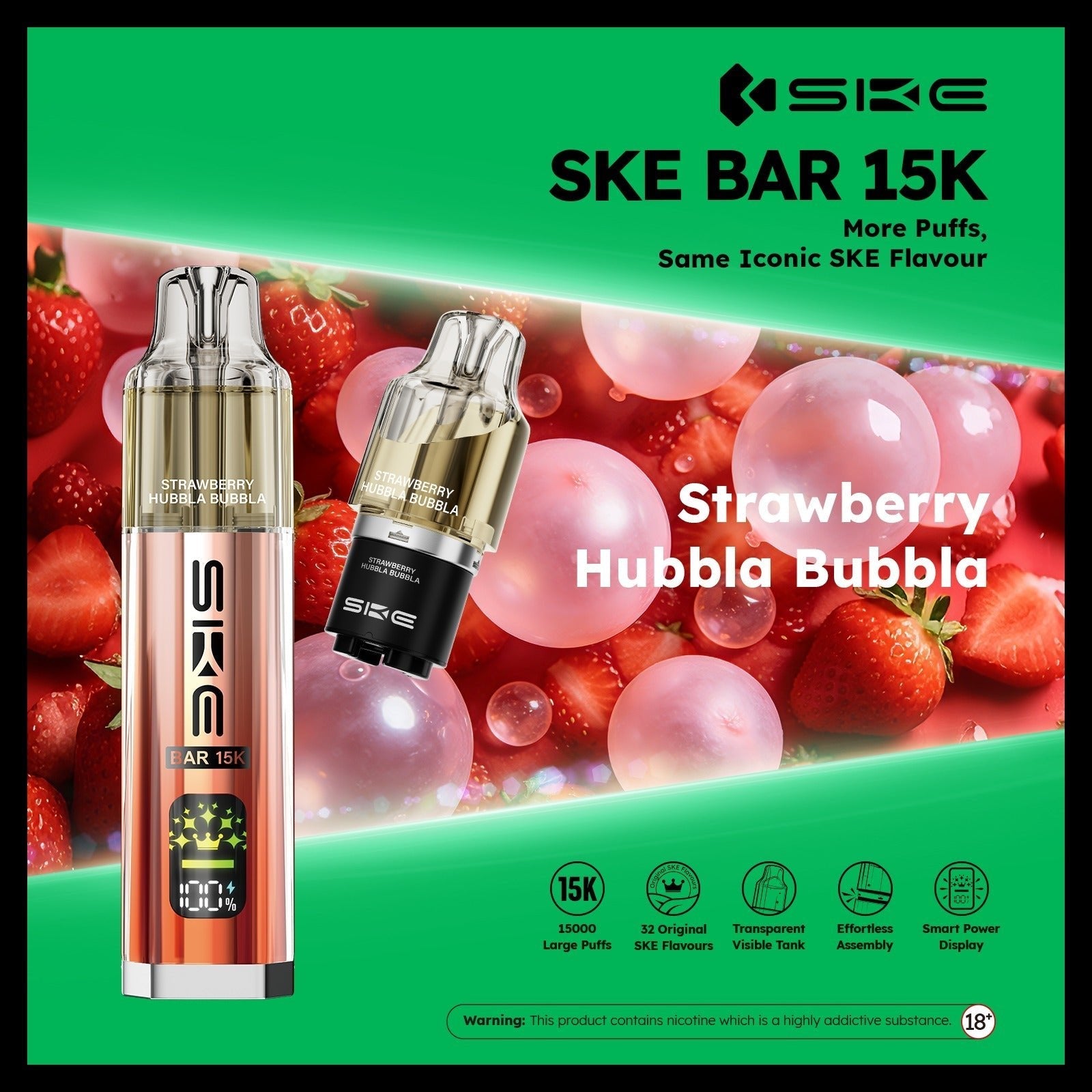 Ske Bar 15k Prefilled Pod Vape Kit - Pack of 5 Strawberry Hubbla Bubbla *New*