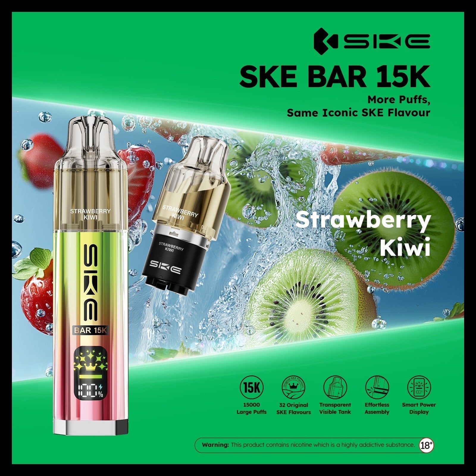 Ske Bar 15k Prefilled Pod Vape Kit - Pack of 5 Strawberry Kiwi *New*
