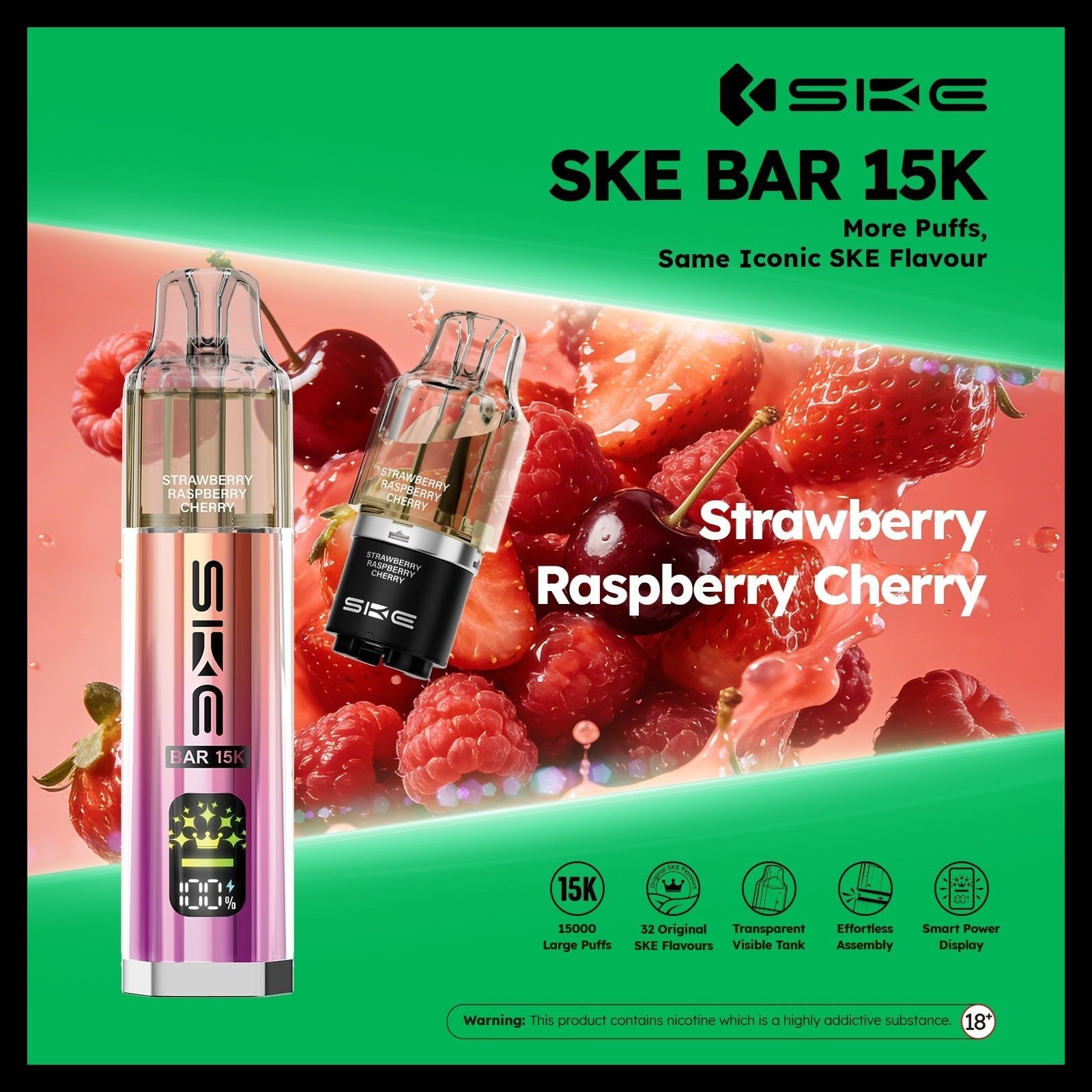 Ske Bar 15k Prefilled Pod Vape Kit - Pack of 5 Strawberry Raspberry Cherry *New*